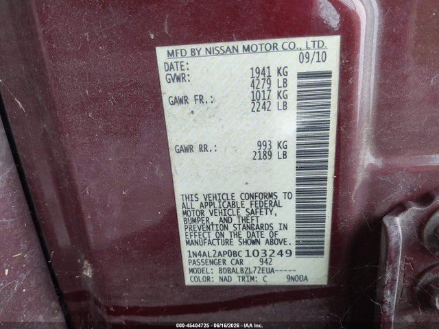 45404725 :رقم المزاد ، 1N4AL2AP0BC103249 vin ، 2011 Nissan Altima 2.5 S مزاد بيع
