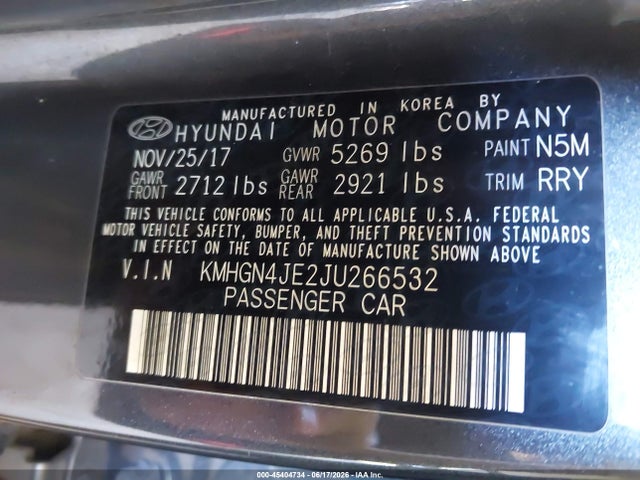45404734 :رقم المزاد ، KMHGN4JE2JU266532 vin ، 2018 Genesis G80 3.8 مزاد بيع