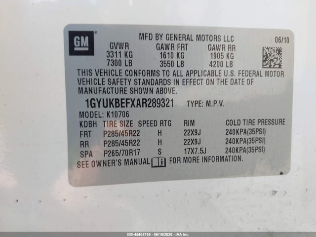 Aukcja sprzedaży 2010 Cadillac Escalade Luxury, vin: 1GYUKBEFXAR289321, numer aukcji: 45404755