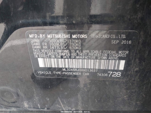 2017 Mitsubishi Mirage Gt მანქანა იყიდება აუქციონზე, vin: ML32A5HJ0HH013637, აუქციონის ნომერი: 45404764