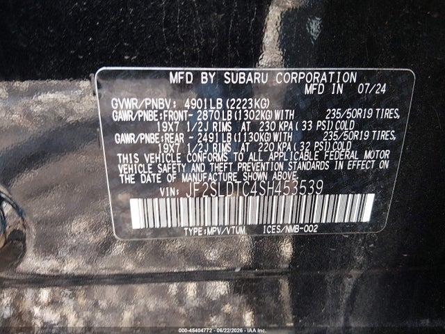 45404772 :رقم المزاد ، JF2SLDTC4SH453539 vin ، 2025 Subaru Forester Touring مزاد بيع