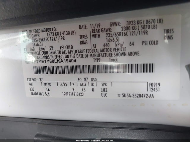 2020 Ford Transit-150 მანქანა იყიდება აუქციონზე, vin: 1FTYE1Y80LKA19404, აუქციონის ნომერი: 45404791