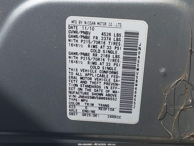 Продаж на аукціоні авто 2011 Nissan Rogue S, vin: JN8AS5MV5BW666552, номер лоту: 45404801