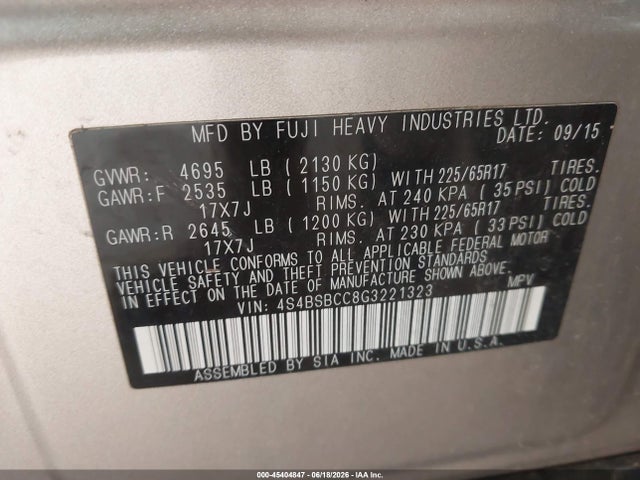 Aukcja sprzedaży 2016 Subaru Outback 2.5i Premium, vin: 4S4BSBCC8G3221323, numer aukcji: 45404847