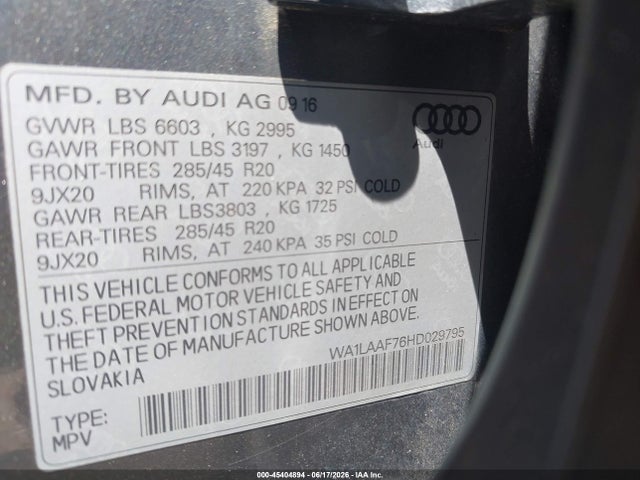 Aukcja sprzedaży 2017 Audi Q7 3.0t Premium, vin: WA1LAAF76HD029795, numer aukcji: 45404894