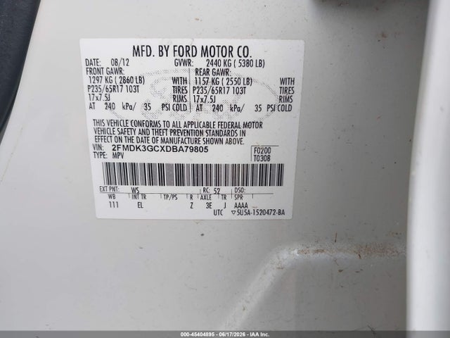 45404895 :رقم المزاد ، 2FMDK3GCXDBA79805 vin ، 2013 Ford Edge Se مزاد بيع