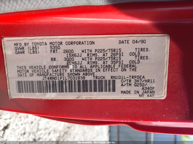 45404898 :رقم المزاد ، JT4RN01P1L7031838 vin ، 1990 Toyota Pickup 1/2 Ton Sht Wheelbase Dlx مزاد بيع