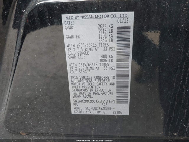 Продажа на аукционе авто 2013 Nissan Pathfinder Sl, vin: 5N1AR2MM2DC637264, номер лота: 45404909