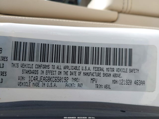 Aukcja sprzedaży 2019 Jeep Grand Cherokee Laredo E 4x2, vin: 1C4RJEAG8KC650192, numer aukcji: 45404929