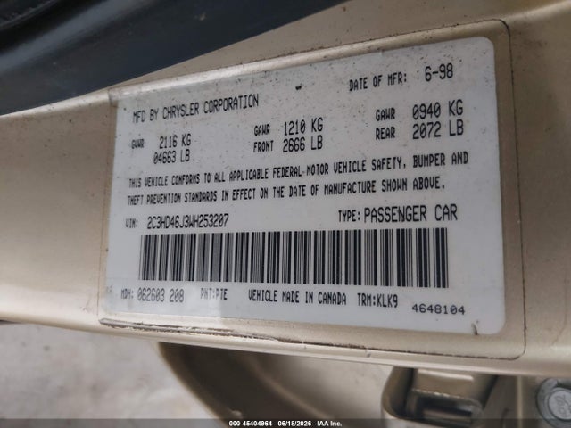 Aukcja sprzedaży 1998 Chrysler Concorde Lx, vin: 2C3HD46J3WH253207, numer aukcji: 45404964