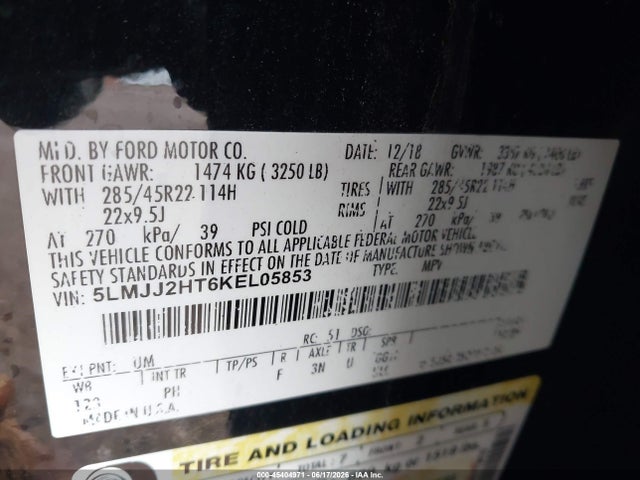 Продаж на аукціоні авто 2019 Lincoln Navigator Select, vin: 5LMJJ2HT6KEL05853, номер лоту: 45404971