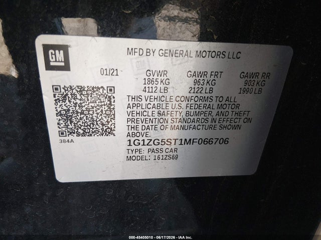 Продаж на аукціоні авто 2021 Chevrolet Malibu Fwd Rs, vin: 1G1ZG5ST1MF066706, номер лоту: 45405010