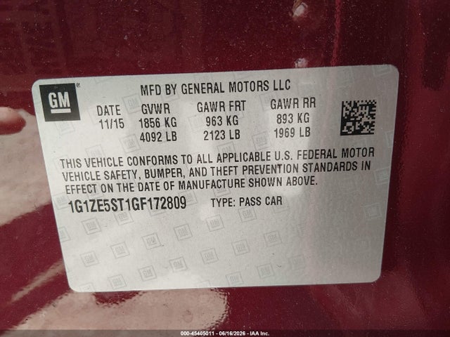 45405011 :رقم المزاد ، 1G1ZE5ST1GF172809 vin ، 2016 Chevrolet Malibu 1lt مزاد بيع