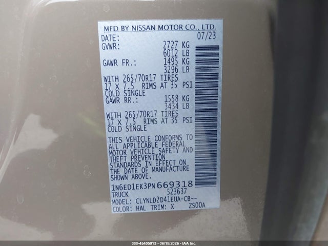 Aukcja sprzedaży 2023 Nissan Frontier Pro-4x 4x4, vin: 1N6ED1EK3PN669318, numer aukcji: 45405013
