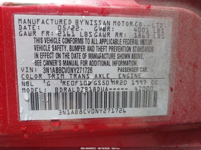Продаж на аукціоні авто 2022 Nissan Sentra Sv Xtronic Cvt, vin: 3N1AB8CV0NY271726, номер лоту: 45405022