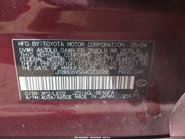 2004 Lexus Gs 300 მანქანა იყიდება აუქციონზე, vin: JT8BD69S640202088, აუქციონის ნომერი: 45405024