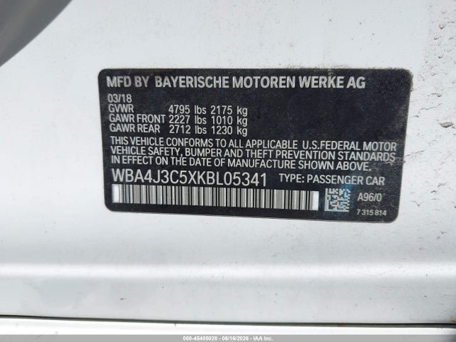 2019 Bmw 430i Gran Coupe Xdrive მანქანა იყიდება აუქციონზე, vin: WBA4J3C5XKBL05341, აუქციონის ნომერი: 45405028