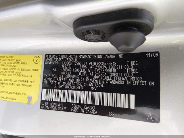 Продажа на аукционе авто 2007 Lexus Rx 350, vin: 2T2HK31UX7C039917, номер лота: 45405031