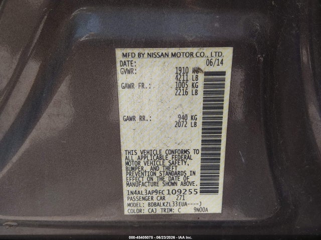 Nissan Altima 2.5 Sv 2015 1N4AL3AP9FC109255 Image 9