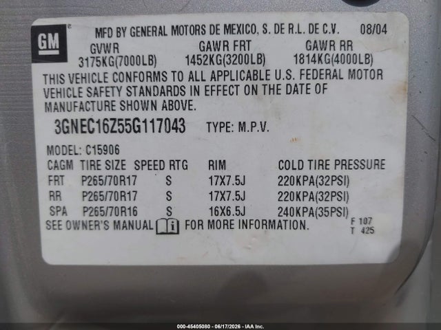 45405080 :رقم المزاد ، 3GNEC16Z55G117043 vin ، 2005 Chevrolet Suburban 1500 Lt مزاد بيع