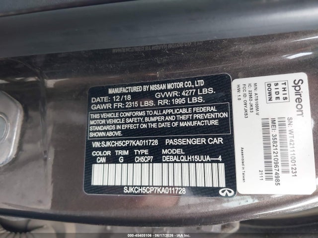 45405106 :رقم المزاد ، SJKCH5CP7KA011728 vin ، 2019 Infiniti Qx30 Luxe مزاد بيع