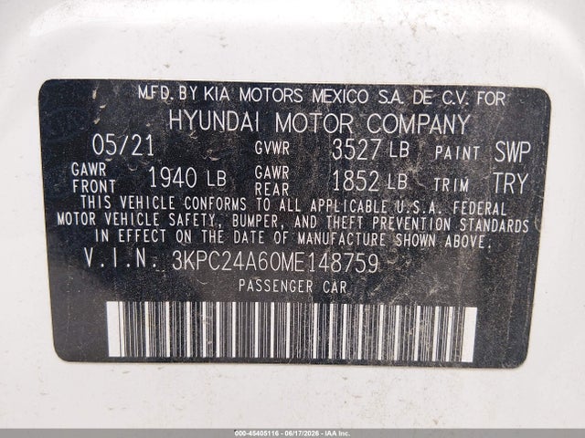 Продаж на аукціоні авто 2021 Hyundai Accent Se, vin: 3KPC24A60ME148759, номер лоту: 45405116