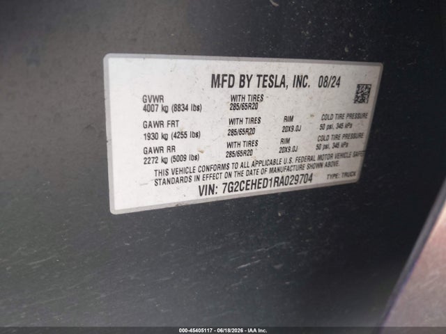 2024 Tesla Cybertruck All-wheel Drive მანქანა იყიდება აუქციონზე, vin: 7G2CEHED1RA029704, აუქციონის ნომერი: 45405117