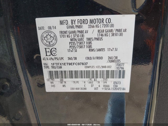 Продажа на аукционе авто 2014 Ford F-150 Fx4/lariat/xl/xlt, vin: 1FTFX1ET9EFC97837, номер лота: 45405166