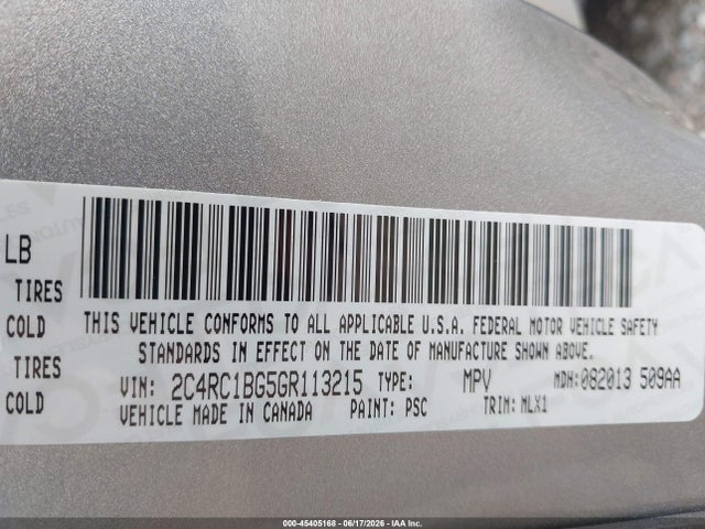 Продаж на аукціоні авто 2016 Chrysler Town & Country Touring, vin: 2C4RC1BG5GR113215, номер лоту: 45405168