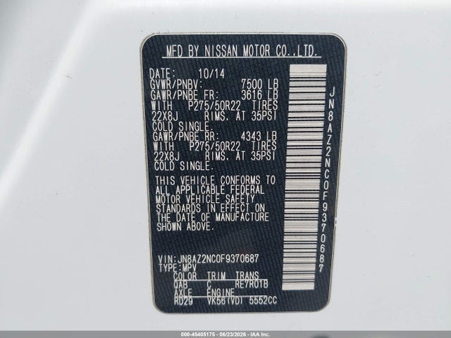 Продажа на аукционе авто 2015 Infiniti Qx80 Limited, vin: JN8AZ2NC0F9370687, номер лота: 45405175