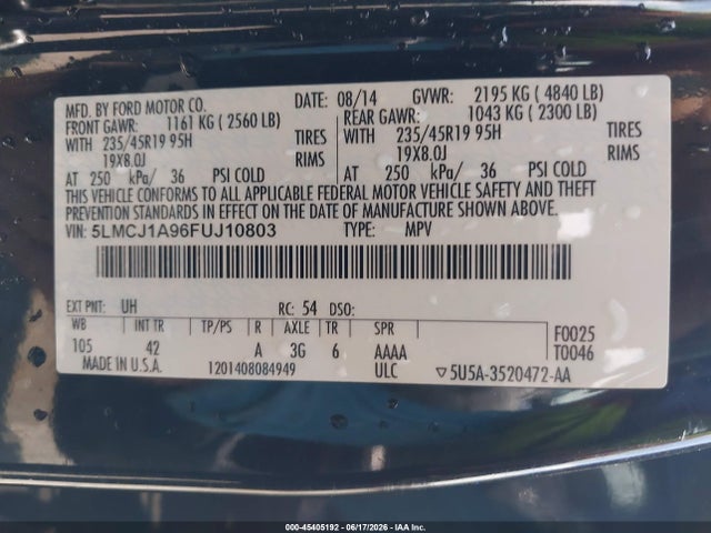 45405192 :رقم المزاد ، 5LMCJ1A96FUJ10803 vin ، 2015 Lincoln Mkc مزاد بيع