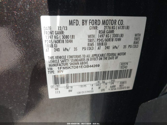 45405196 :رقم المزاد ، 1FM5K7D81EGB44269 vin ، 2014 Ford Explorer Xlt مزاد بيع