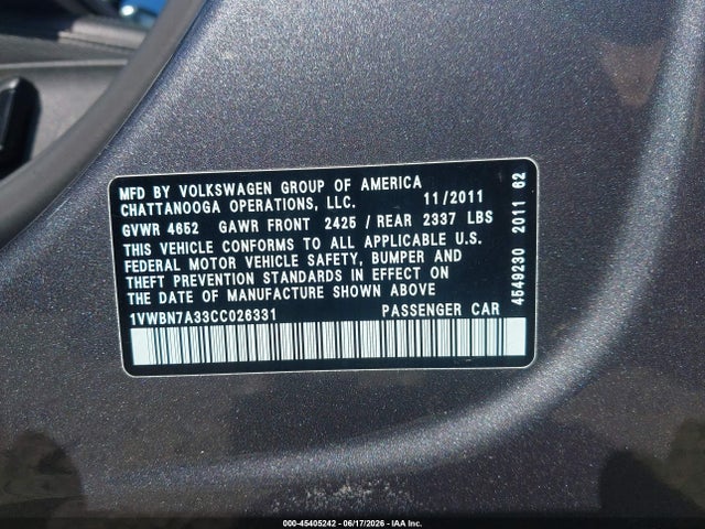Aukcja sprzedaży 2012 Volkswagen Passat 2.0l Tdi Se, vin: 1VWBN7A33CC026331, numer aukcji: 45405242