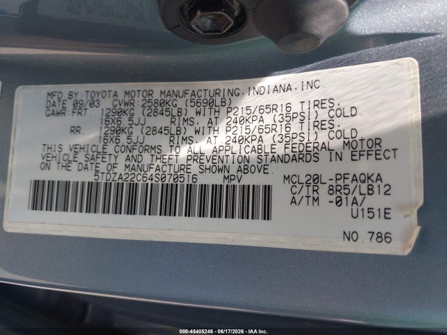 Auction sale of the 2004 Toyota Sienna Xle, vin: 5TDZA22C64S070516, lot number: 45405246