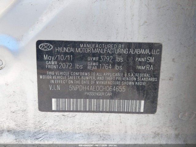 Aukcja sprzedaży 2012 Hyundai Elantra Gls, vin: 5NPDH4AE0CH064655, numer aukcji: 45405247