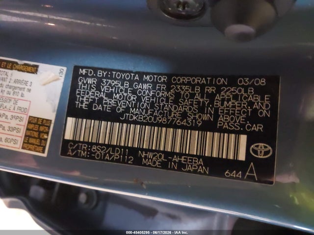 Aukcja sprzedaży 2008 Toyota Prius, vin: JTDKB20U987764319, numer aukcji: 45405295