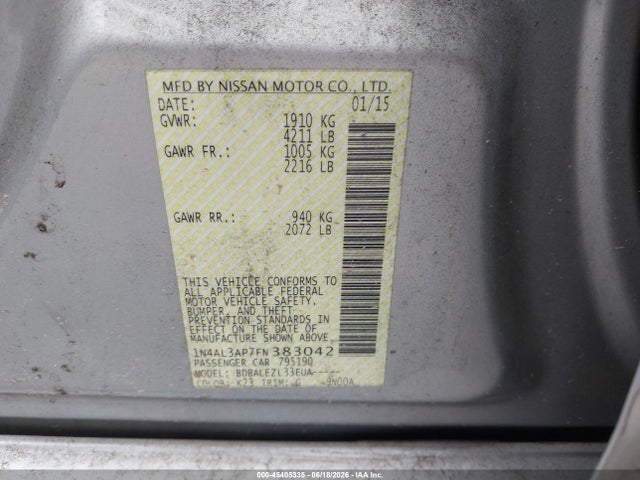 Aukcja sprzedaży 2015 Nissan Altima 2.5/2.5 S/2.5 Sl/2.5 Sv, vin: 1N4AL3AP7FN383042, numer aukcji: 45405335