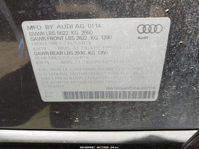 Продаж на аукціоні авто 2014 Audi Q5 3.0t Premium Plus, vin: WA1WGAFP9EA080118, номер лоту: 45405367