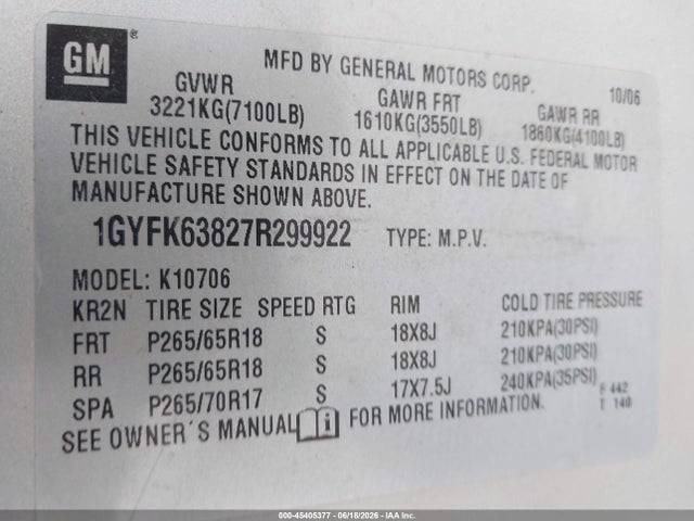Продаж на аукціоні авто 2007 Cadillac Escalade, vin: 1GYFK63827R299922, номер лоту: 45405377