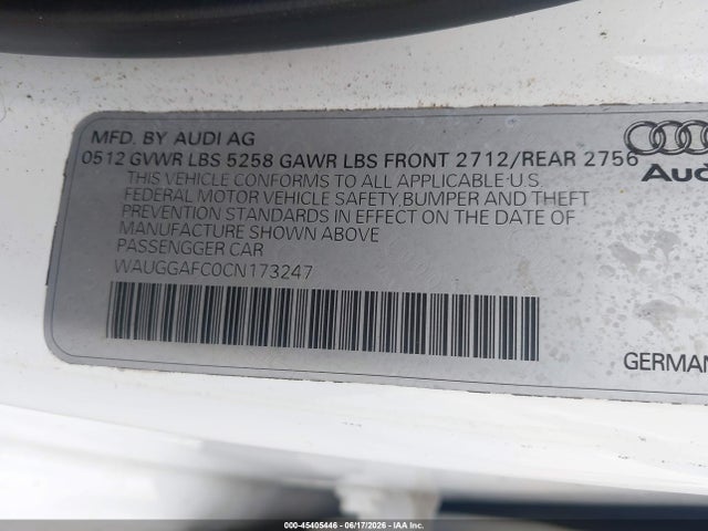 45405446 :رقم المزاد ، WAUGGAFC0CN173247 vin ، 2012 Audi A6 3.0t Premium Plus مزاد بيع