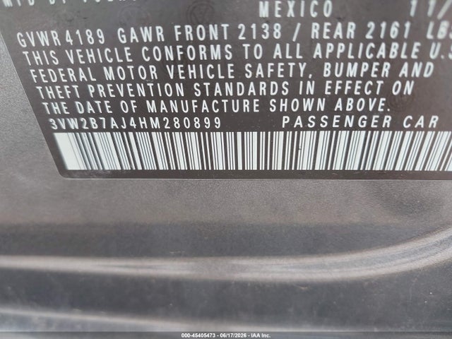 2017 Volkswagen Jetta 1.4t S მანქანა იყიდება აუქციონზე, vin: 3VW2B7AJ4HM280899, აუქციონის ნომერი: 45405473