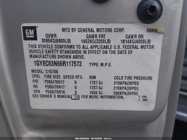2006 Cadillac Escalade Standard მანქანა იყიდება აუქციონზე, vin: 1GYEC63N66R117572, აუქციონის ნომერი: 45405480