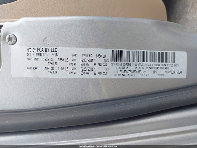2C4RDGCG9GR374832 Dodge Grand Caravan Sxt