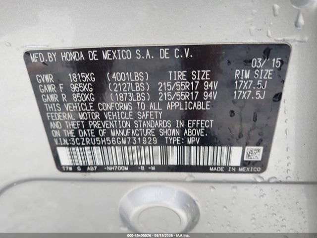 2016 Honda Hr-v Ex მანქანა იყიდება აუქციონზე, vin: 3CZRU5H56GM731929, აუქციონის ნომერი: 45405526