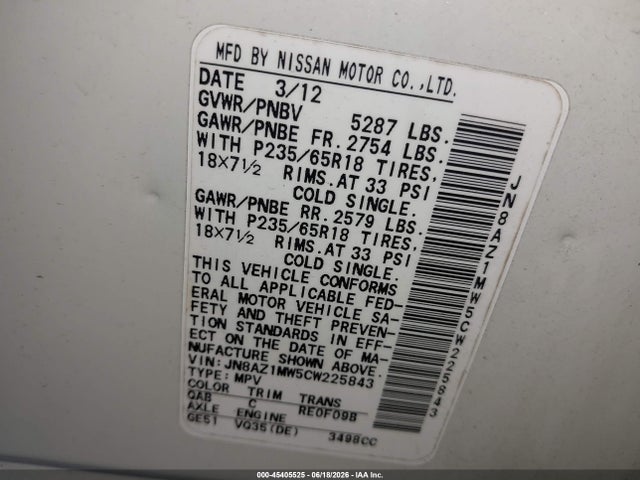 Продаж на аукціоні авто 2012 Nissan Murano Sl, vin: JN8AZ1MW5CW225843, номер лоту: 45405525