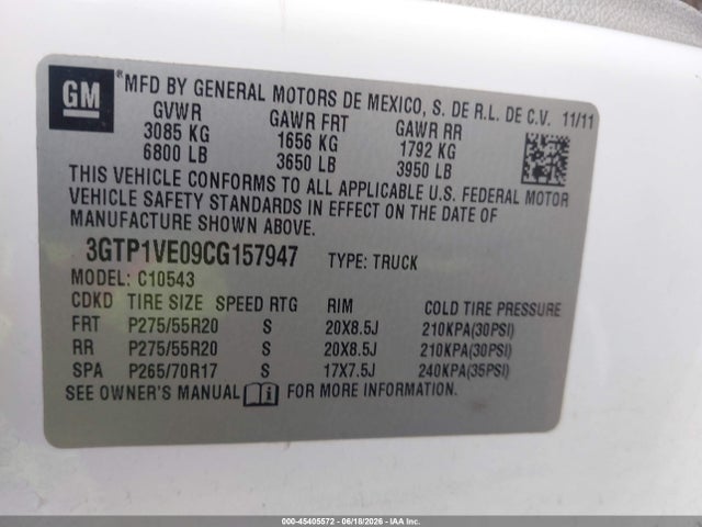 45405572 :رقم المزاد ، 3GTP1VE09CG157947 vin ، 2012 Gmc Sierra 1500 Sle مزاد بيع