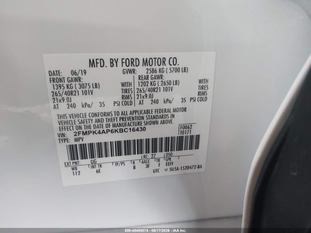45405574 :رقم المزاد ، 2FMPK4AP6KBC16430 vin ، 2019 Ford Edge St مزاد بيع