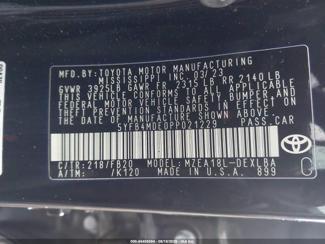 Продаж на аукціоні авто 2023 Toyota Corolla Le, vin: 5YFB4MDE0PP021229, номер лоту: 45405594