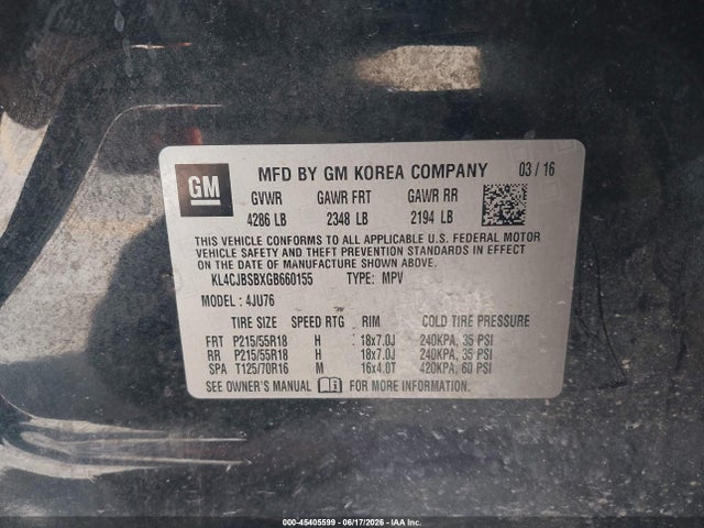 Aukcja sprzedaży 2016 Buick Encore Convenience, vin: KL4CJBSBXGB660155, numer aukcji: 45405599