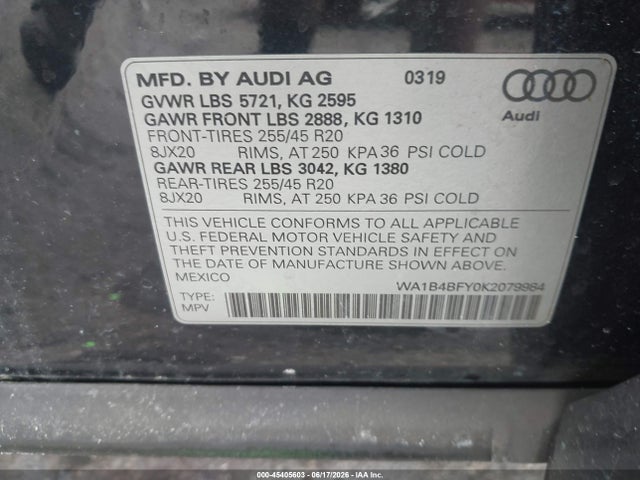 45405603 :رقم المزاد ، WA1B4BFY0K2079984 vin ، 2019 Audi Sq5 3.0t Premium مزاد بيع
